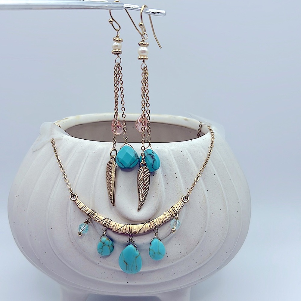 Boho Chic Gold Plated & Turquoise Necklace And Earring Set - NEW